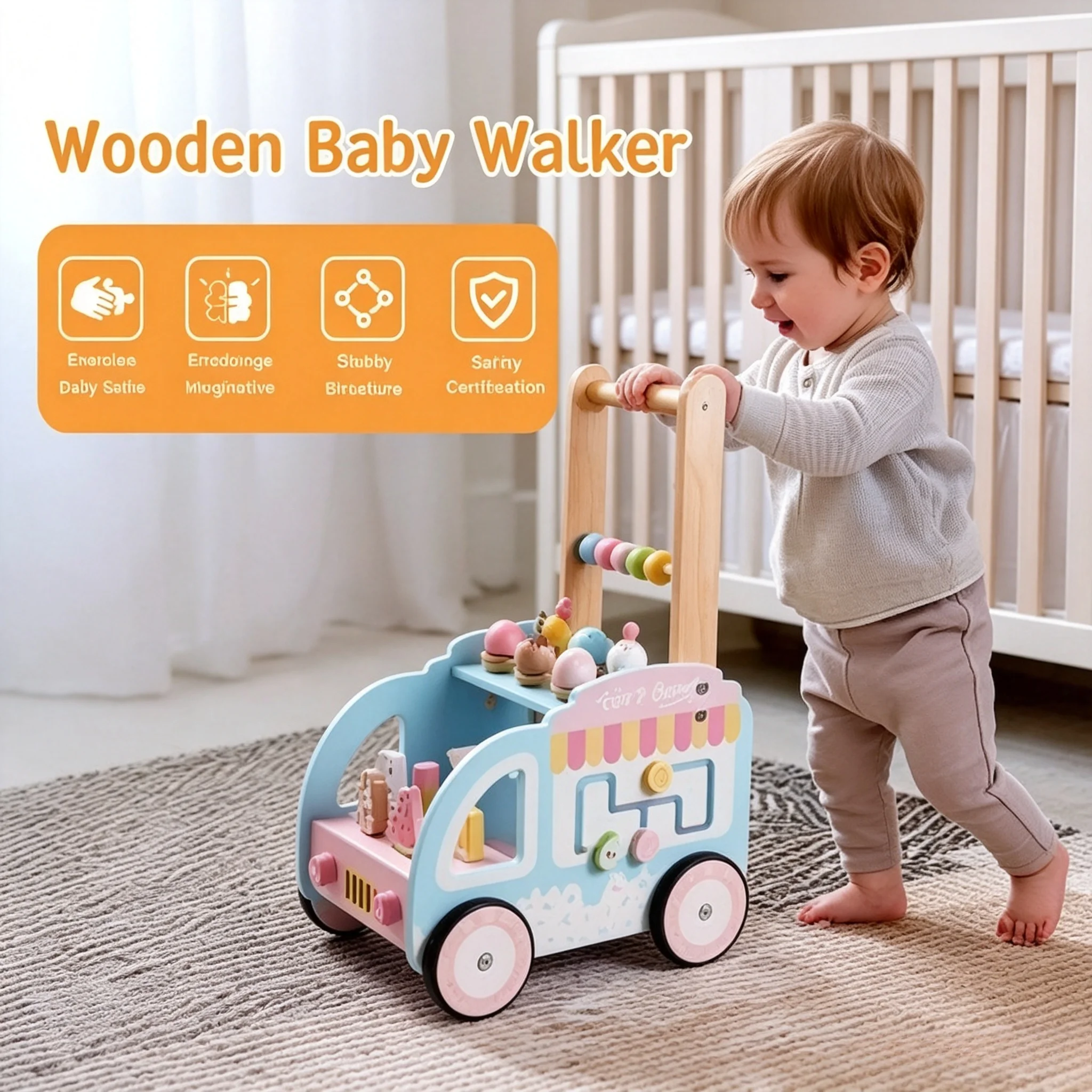 1Pc Solid Wood Ice Cream Walker Cart, multi-functional toddler learning push toy, stable anti-slip, interactive gift for babies