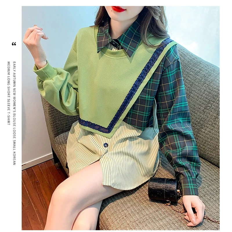 Fashion Color Matching Fake Two-Piece Polo Neck Shirt Women New Korean Version Casual Joker Chic Loose Top Comfortable Women's