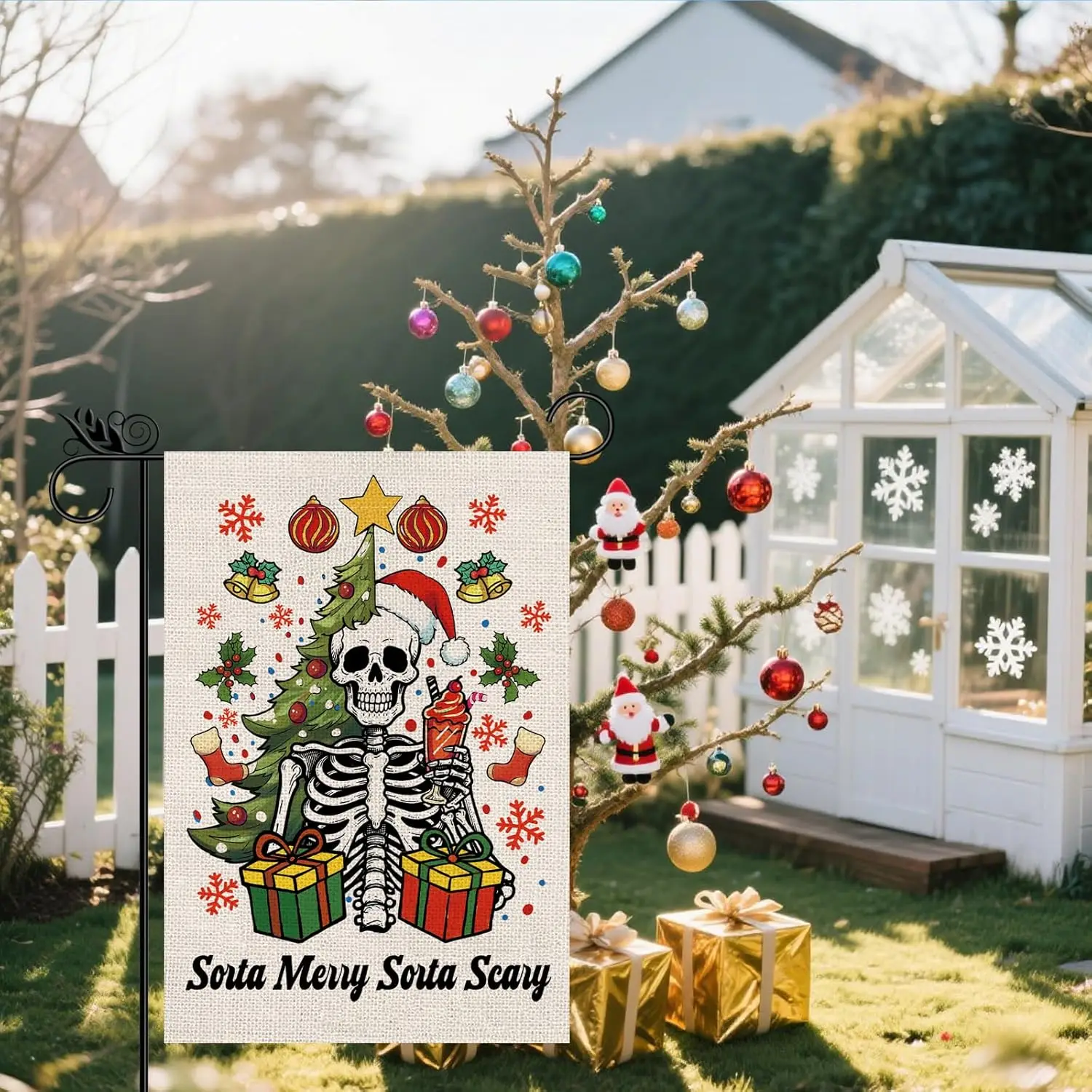 Funny Christmas Garden Flag Skull Gothic Spooky Christmas Flag Winter Vertical Burlap Double Sided Yard Welcome Flag Seasona JHH