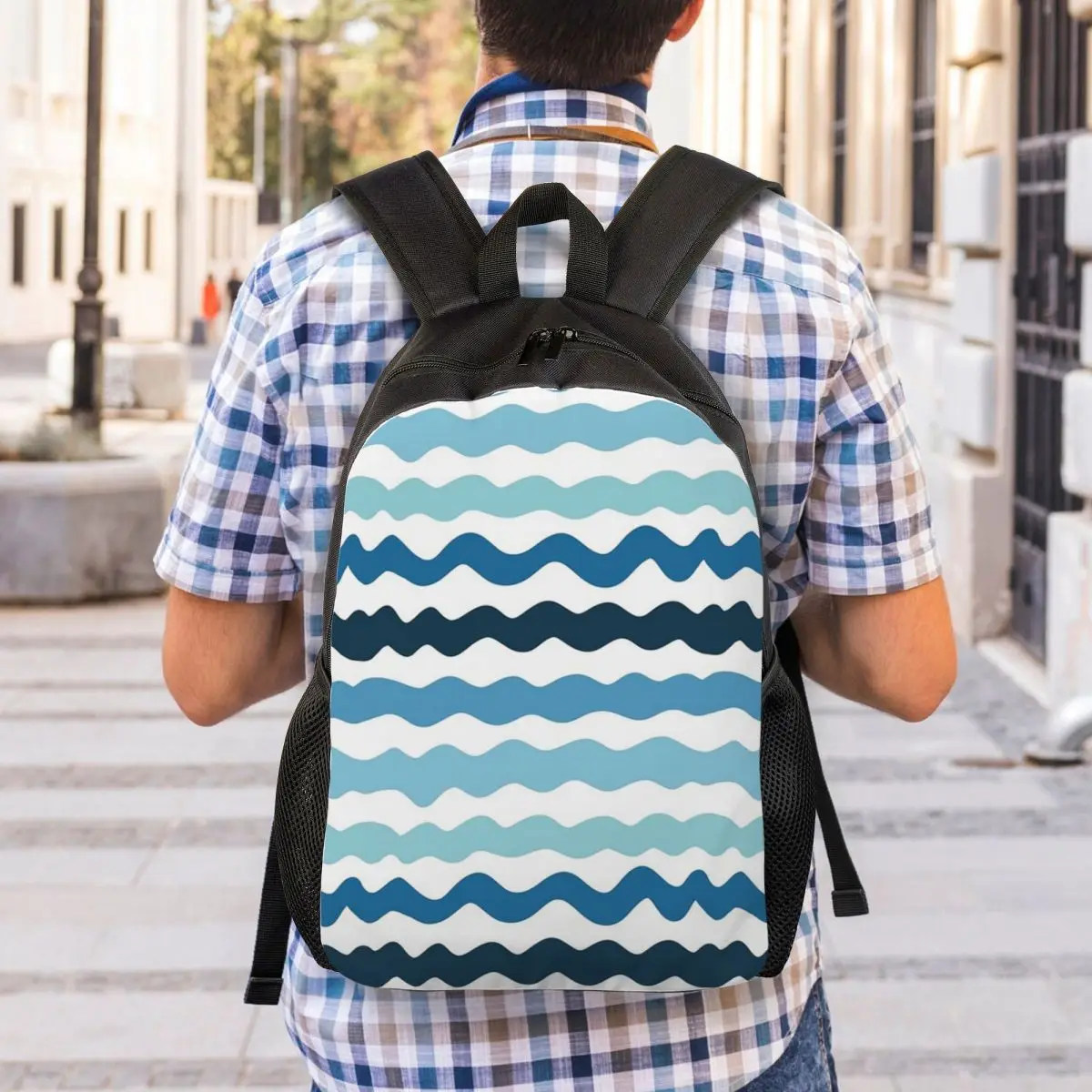 Abstract Blue Wave Pattern Calm Ocean Inspired Design Backpack Student Boys Girls BookBag School Bag Laptop Shoulder Bags