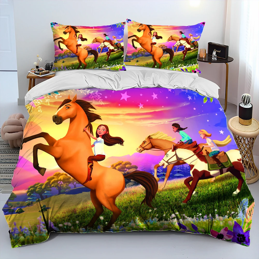 Spirit Riding Free Horses Cartoon Comforter Bedding Set,Duvet Cover Bed Set Quilt Cover Pillowcase,King Queen Size Bedding Set