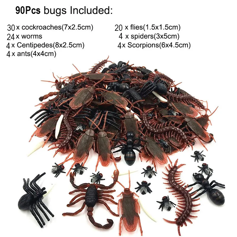 90pcs Realistic Bugs Cockroaches Spiders Scorpions Plastic Fake Insects for Halloween Party Fool's Day Trick Prank Toy Decor