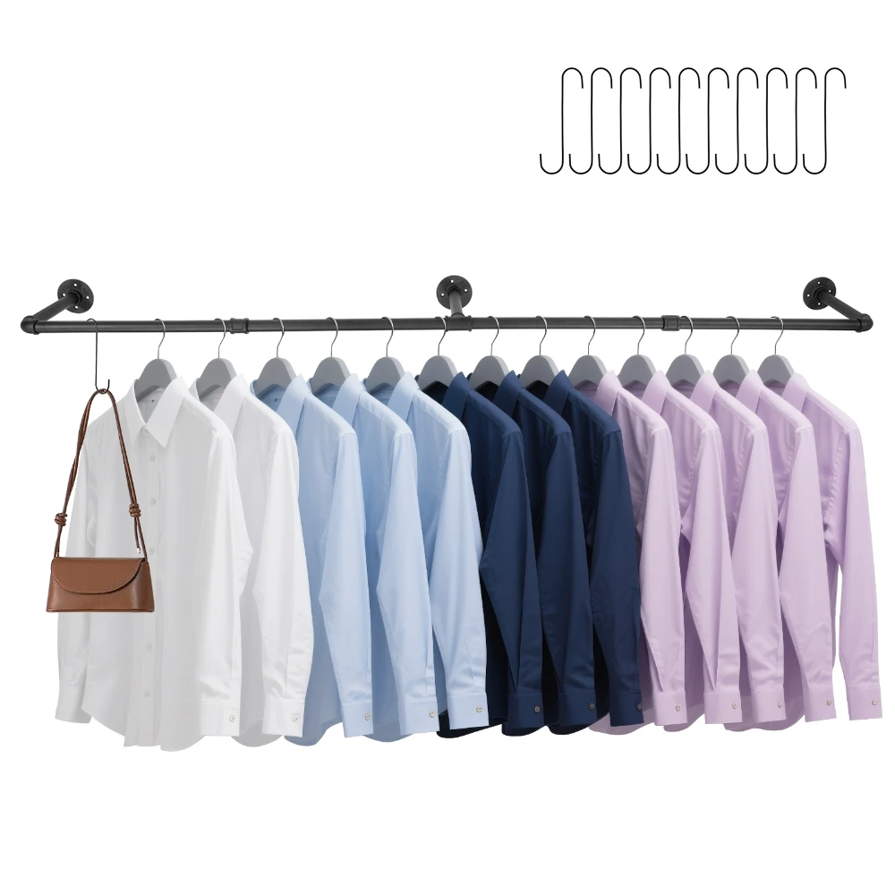 184cm Wall Mounted Clothes Rack with 10pcs Hooks Industrial Pipe Space Saving Clothing Store Hanging Display Hanging Shelf