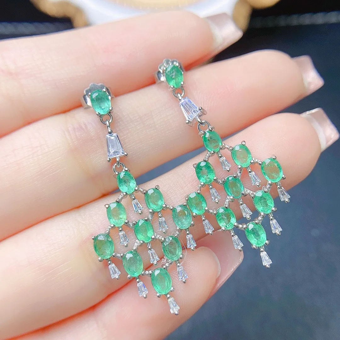 Natural 3*4mm Oval Emerald Drop Earrings S925 Silver Inlaid Sparkling Taper Crystal Tassel Vintage Banquet Jewelry For Women