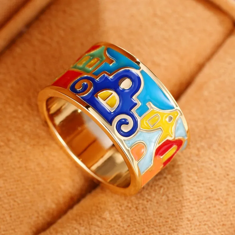 Huitan Creative Colored Housed Design Enamel Finger Ring for Women Gold Color Band Funny Girls Rings Gift Hip Hop Party Jewelry