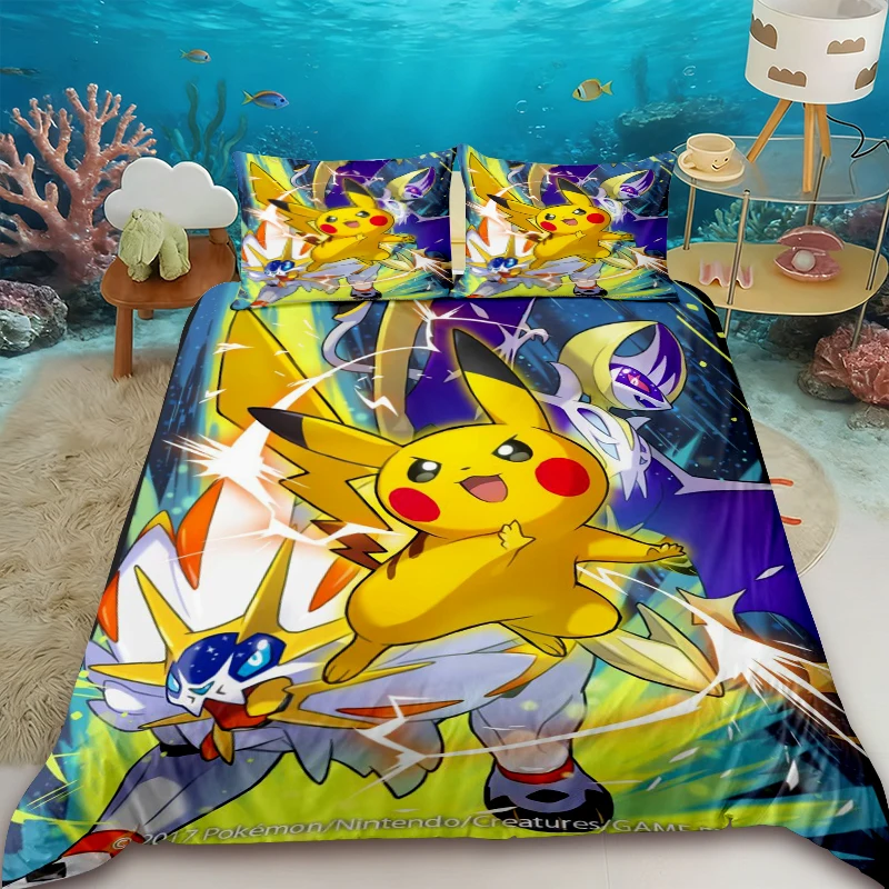 

Пододеяльник с изображением аниме-персонажа Пикачу, комплект постельного белья с 2 наволочками, пододеяльник для декора спальни, детский, размеры Queen/King