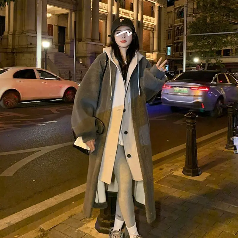 women woolen coat 2026 new loose thick long faux lambskin fur coat autumn winter warm featuring hooded jackets women's clothing