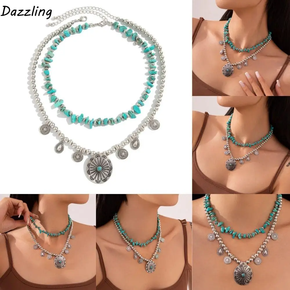 

New CCB Beaded Irregular Stone Necklace Round Pendant Ethnic Style Multi Layer Necklace Bohemian Vintage Clavicle Chain Women