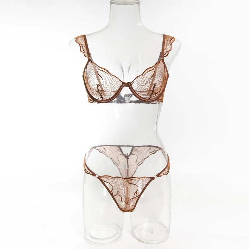 Bikini thin lingerie sexy embroidered mesh anti-sagging bra two-piece set for women