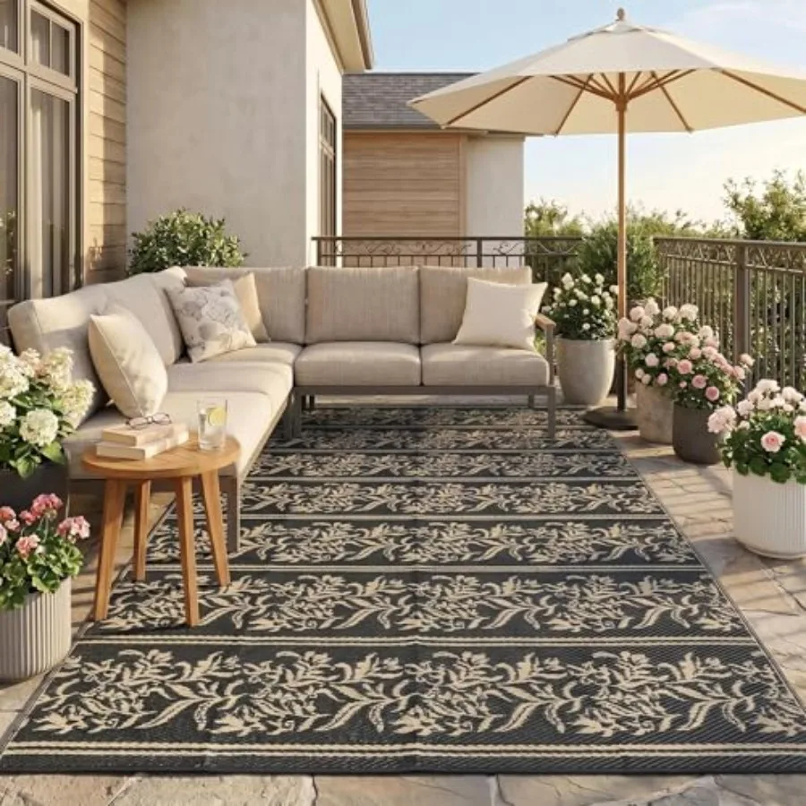 

Outdoor Rugs 9x12 Waterproof Reversible Boho Leaf Patio Rug for Camping Picnic Balcony Deck Backyard, Black Brown Polypropylene