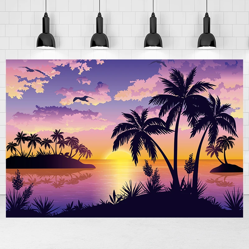 SeekPro Illustration style coconut grove theme photography decoration summer sea view silhouette background customization