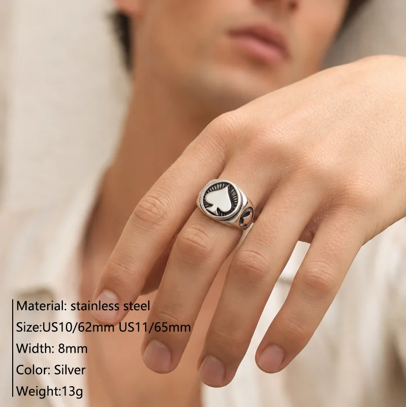 Men Spade Signet Ring Stainless Steel Retro Poker Card Symbol Ring Street Hip‑Hop Style Finger Ring
