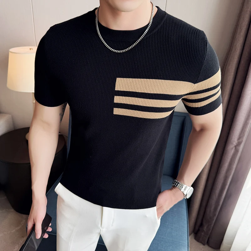 British Style Striped Knitted T-shirt for Men Summer Short Sleeved Round Neck Sweater Slim Fit Casual Business Social Tee Tops