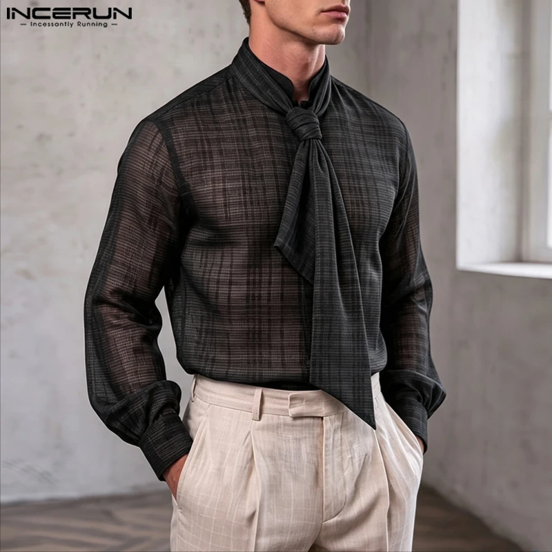 INCERUN Men's Shirt Plaid Long Sleeve Loose Tie Up Casual Men Clothes Streetwear See Through Shirts Fashion Tops For Man Camisas