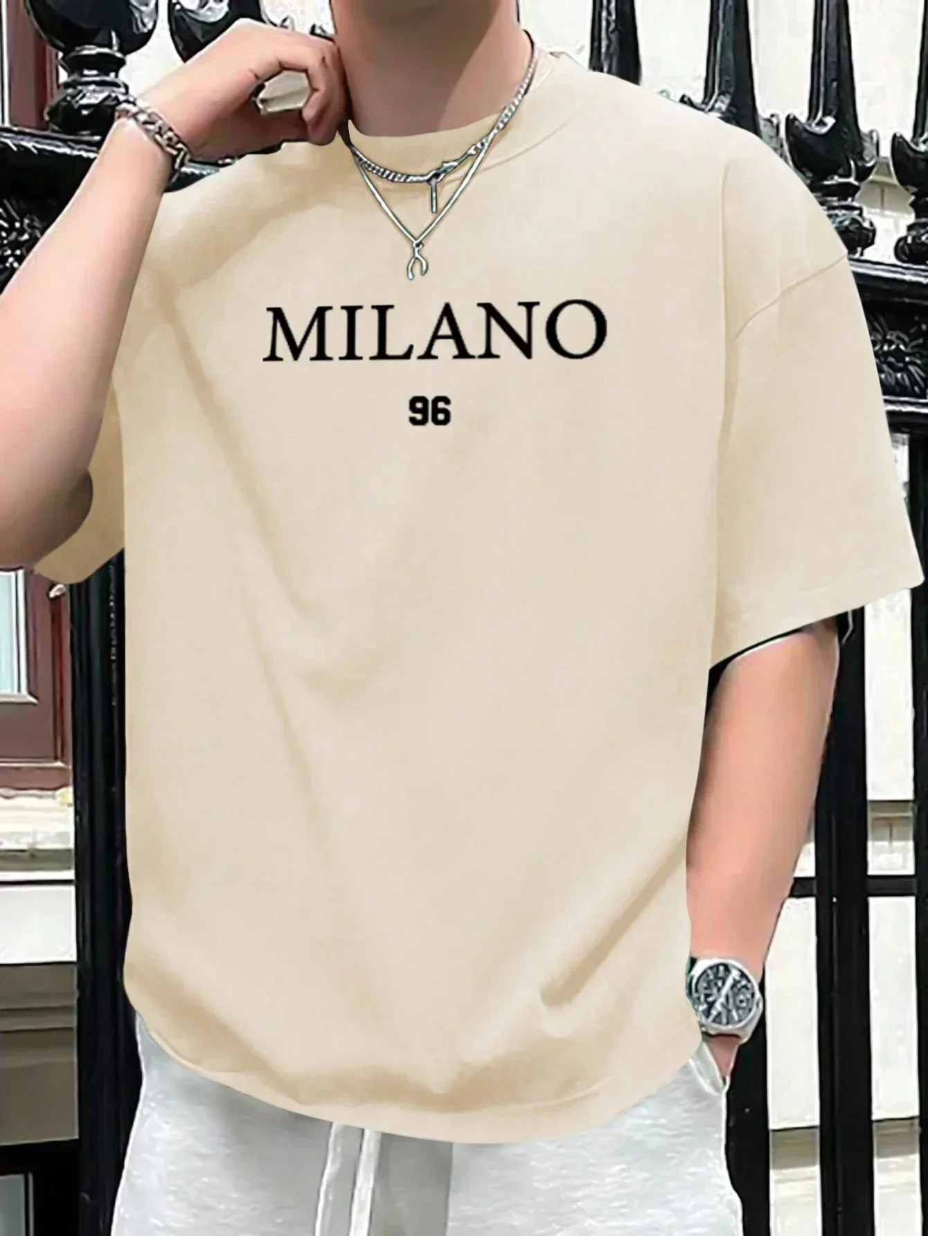 Men's 100% Cotton Summer Loose Size MILANO 96 Letter Printed Slim Fit Casual Sports Round Neck Short Sleeved T-shirt Top Tee