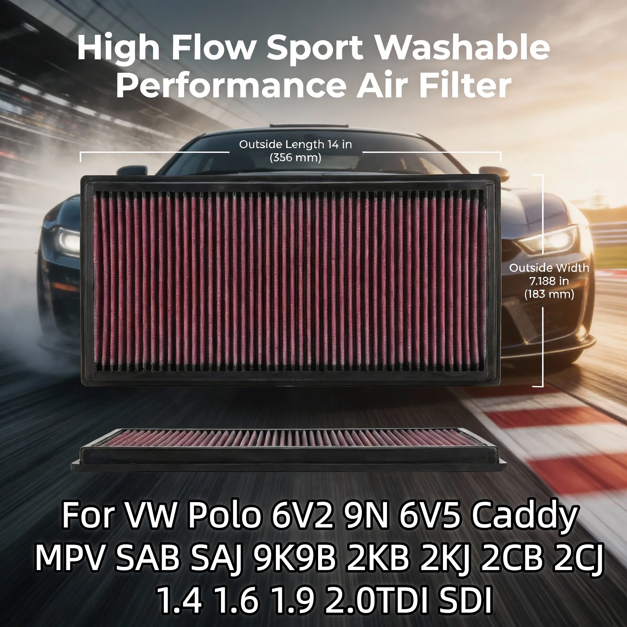 

For VW Polo 6V2 9N 6V5 Caddy MPV SAB SAJ 9K9B 2KB 2KJ 2CB 2CJ 1.4 1.6 1.9 2.0TDI SDI High Flow Performance Washable Air Filter