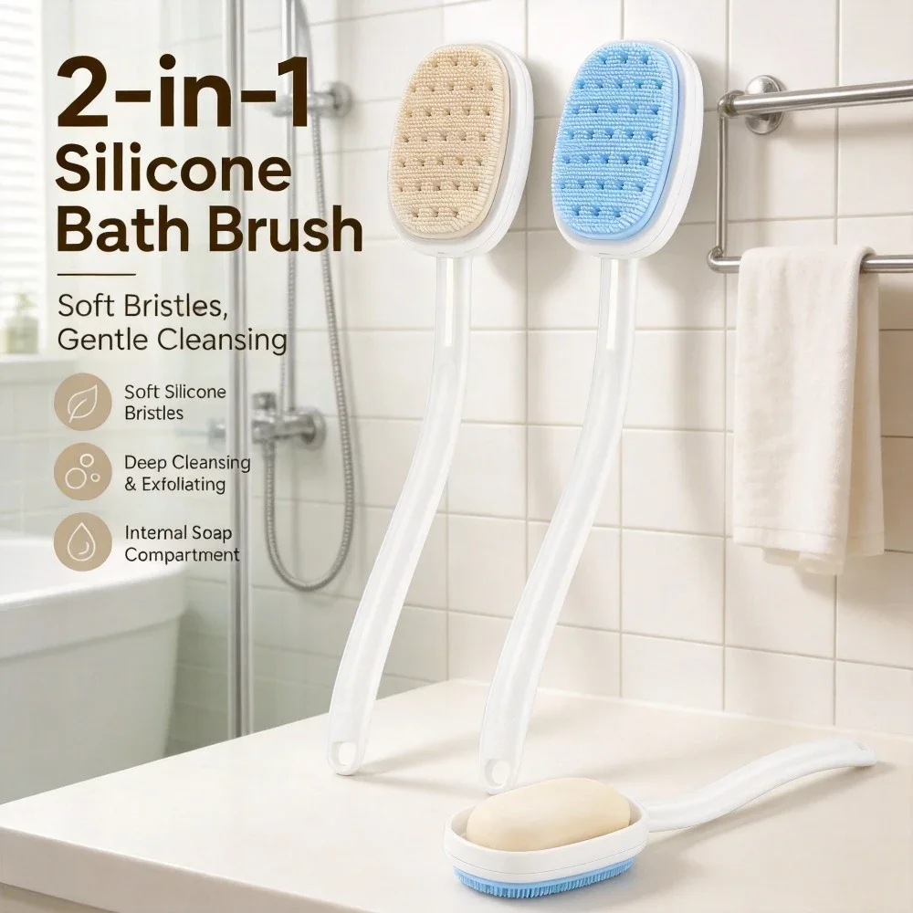 2 in 1 Long Handle Silicone Bath Brush Built-in Soap Dispenser Design Soft Body Exfoliating Shower Cleansing Bathroom Accessory
