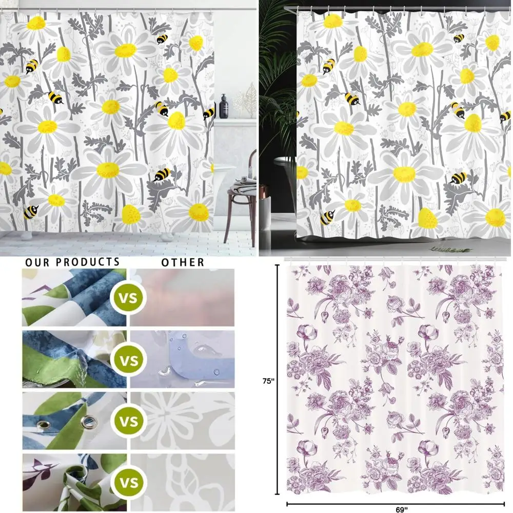 

grey shower curtain with spring daisy blossoms, bees, and nature's purity in bloom
