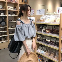 Sweet Off Shoulder Loose Blouse Summer New Short Sleeve Lacing Solid Color Hollow Out Shirt Tops Fashion Korean Women Clothing