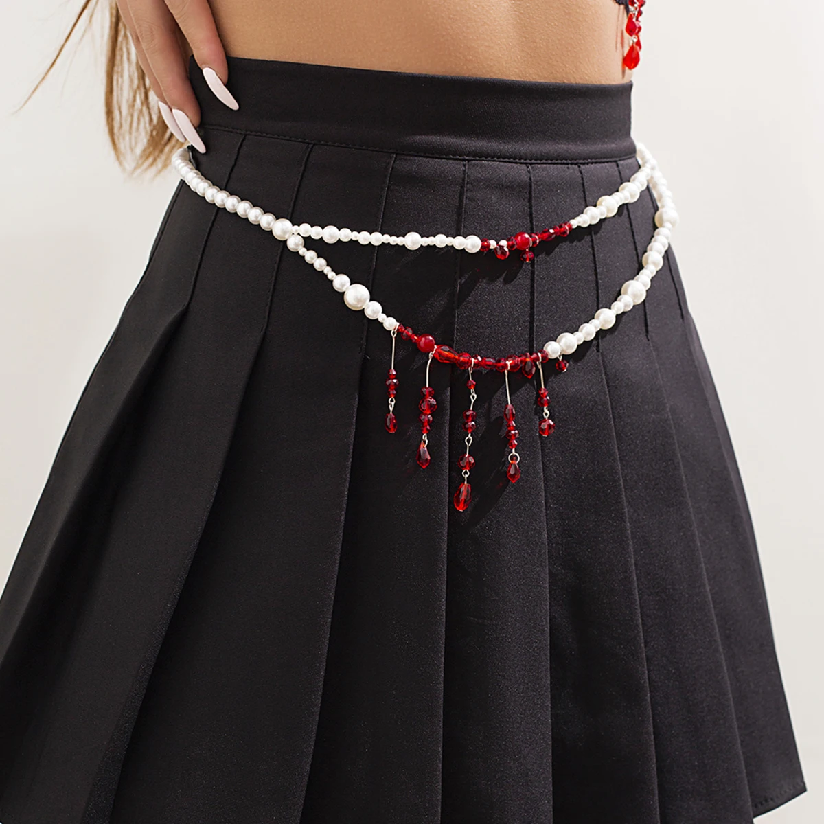 

Salircon Punk Imitation Pearl Double Layer Waist Chain Gothic Red Crystal Bead Pendant Belly Chain Women Sexy Trend Body Jewelry