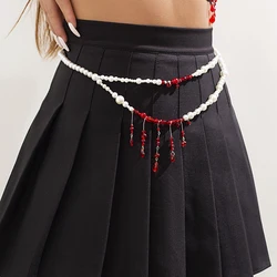 Salircon Punk Imitation Pearl Double Layer Waist Chain Gothic Red Crystal Bead Pendant Belly Chain Women Sexy Trend Body Jewelry
