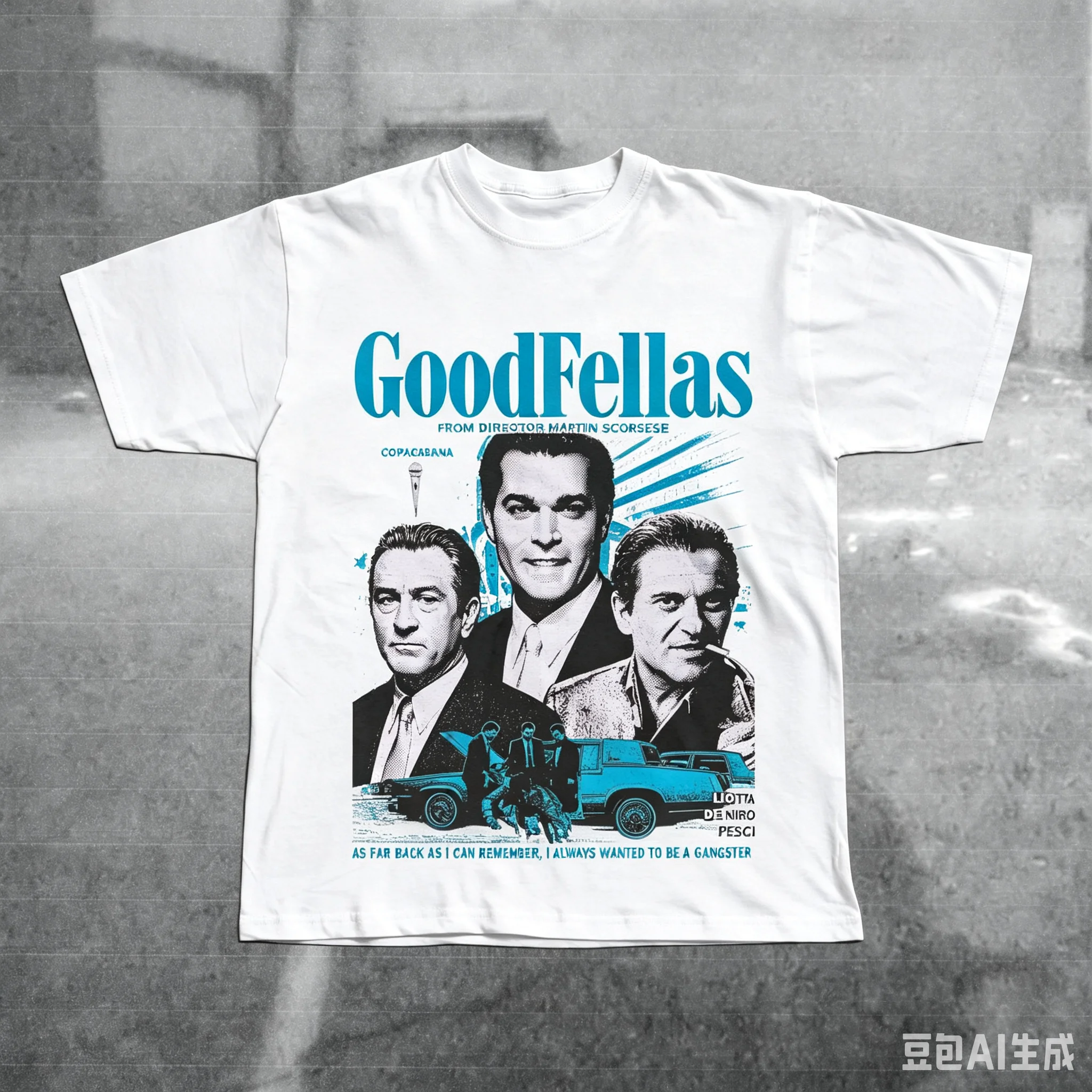 Front Print Retro Gangster Crime Movie Triple Male Character Car Scene Collage Bright Blue Bold Text Loose Oversized Street Tops