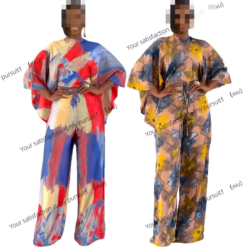 

Европейская и американская женская одежда, новый повседневный модный костюм с рукавами «летучая мышь» и широкими штанинами на шнуровке, женский комплект из двух предметов