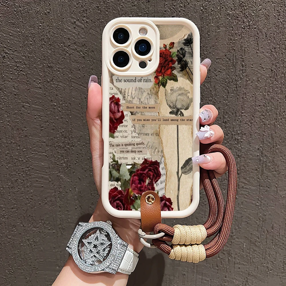 Vintage-Rosen-Silikon-Handyhülle für iPhone 17 16 17 Pro 15 14 13 12 11 Pro Max 16E 7 8 Plus XR XS mit Lanyard Stoßfeste Hülle – Detail 1