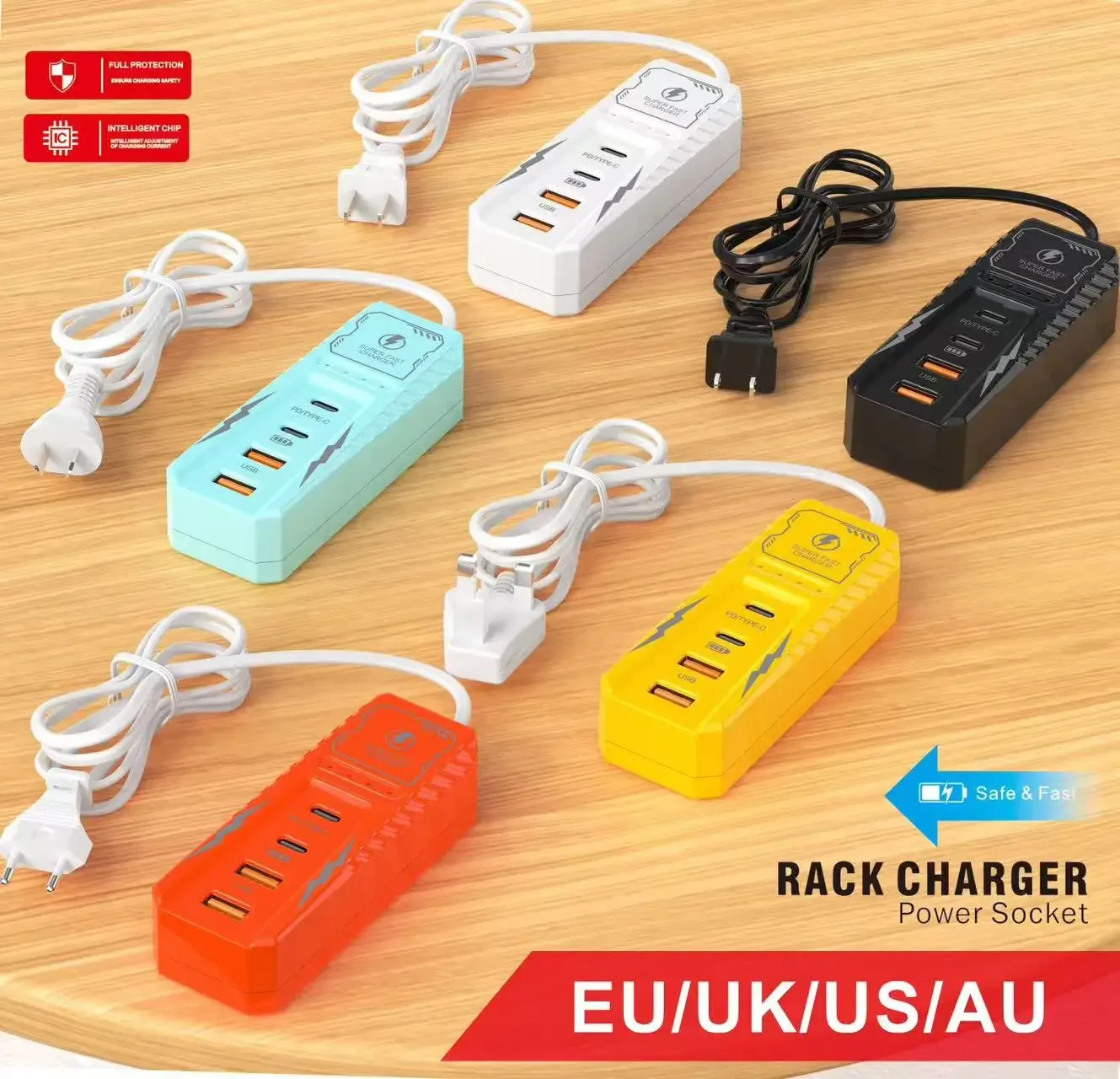 متعدد 4 منافذ USB مقبس شاحن نوع C شحن سريع الهاتف قطاع الطاقة آيفون 16 شاومي سامسونج الاتحاد الأوروبي/الولايات المتحدة/المملكة المتحدة التوصيل الجدار شاحن
