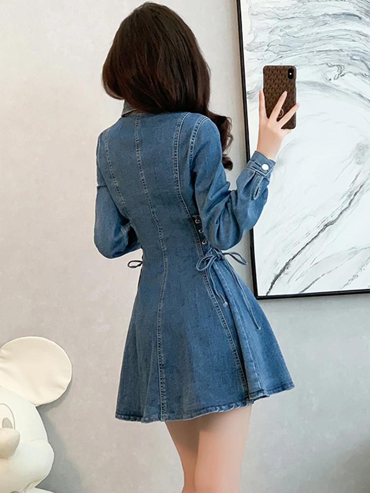 Korean A-line Mini Denim Dress  Women\'s Clothing Autumn New Style  High Waist Belt Polo Neck A-line Dresses Bandage Waist Design