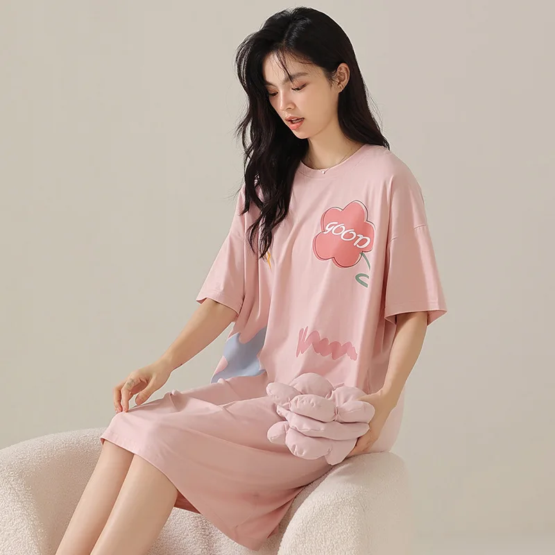 Women Cotton Nightgown Shorts Sleeve Summer Night Dress Sleepwear Leisure Home Dress Kawaii Floral Print Sleeping Lingerie