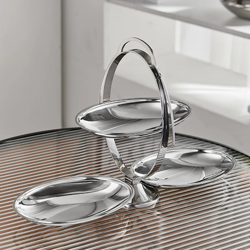 3-Tier Stainless Steel Snack Tray with Handle - Polished Silver Serving Platter for Nuts, Appetizers, and Party Table Display