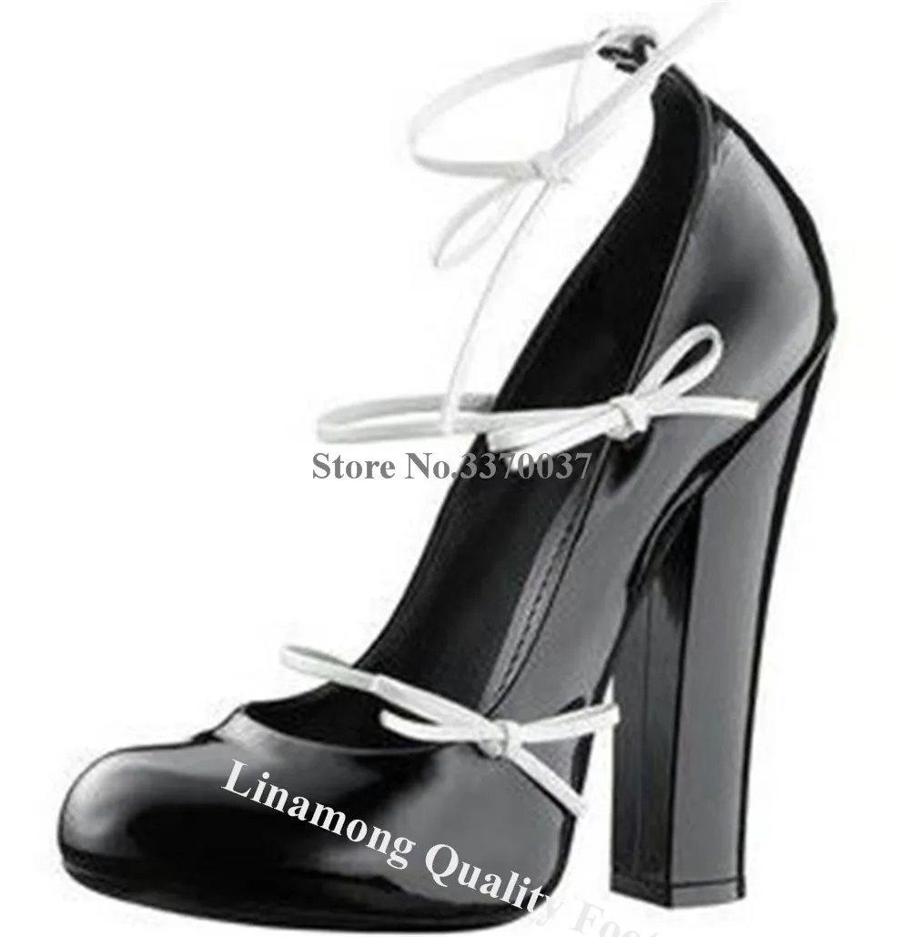 Linamong Elegant Black White Patent Leather Bowtie Chunky Heel Pumps Round Toe Ankle Straps Thick Heel Dress Shoes Party Heels