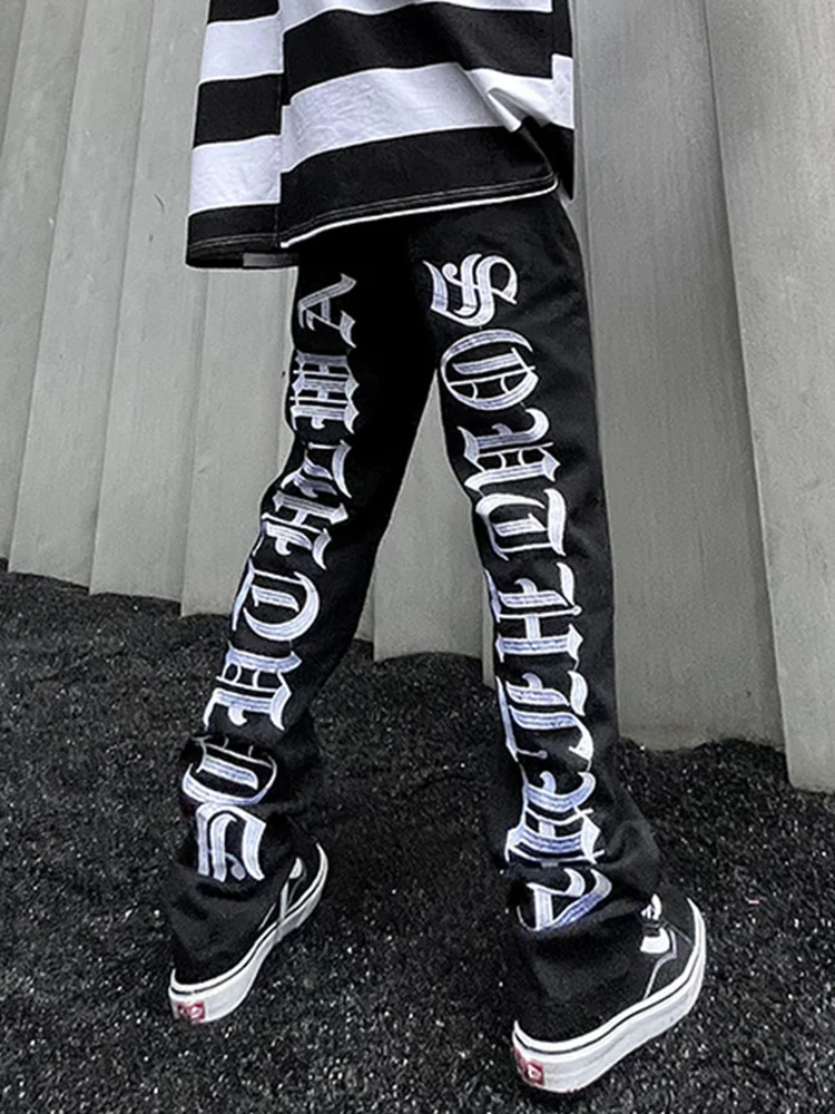 Zuid-Amerikaanse Sle Casual Retro Hip Hop High Street Jeans Heren Gothic Tekst High Densi Borduren Losse broek met rechte pijpen