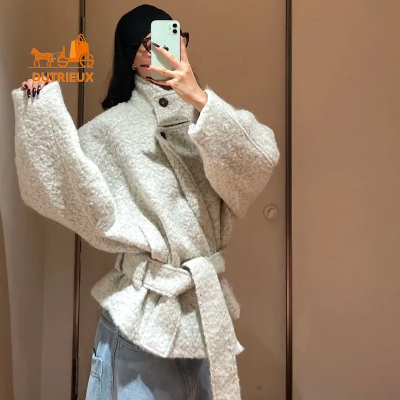 New Winter Woolen Coat for Women Simple Temperament Short Style Stand-up Coll Silhouette Alpaca Wool Coat Belt Waist Warm Jacket