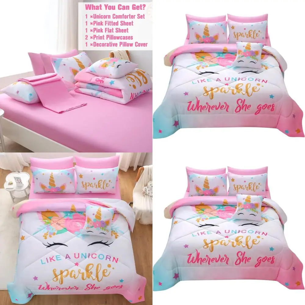 

8-Piece Girl's Unicorn Bedding Set with 3D Flower Comforter and Matching Sheets