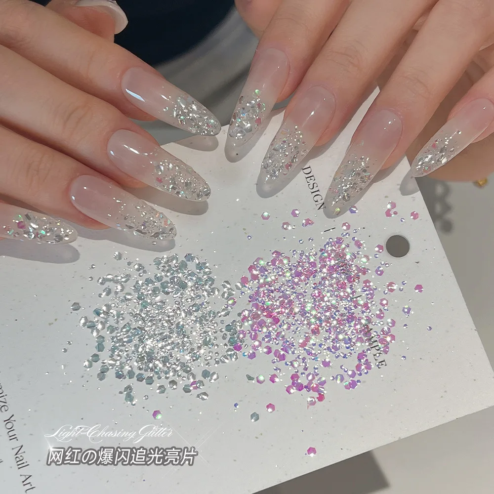 1 Jar Holographic Reflective Nail Glitter Flakes Iridescent Silver Pink Irregular Chunky Sequins Charms Decor Manicure Supplies