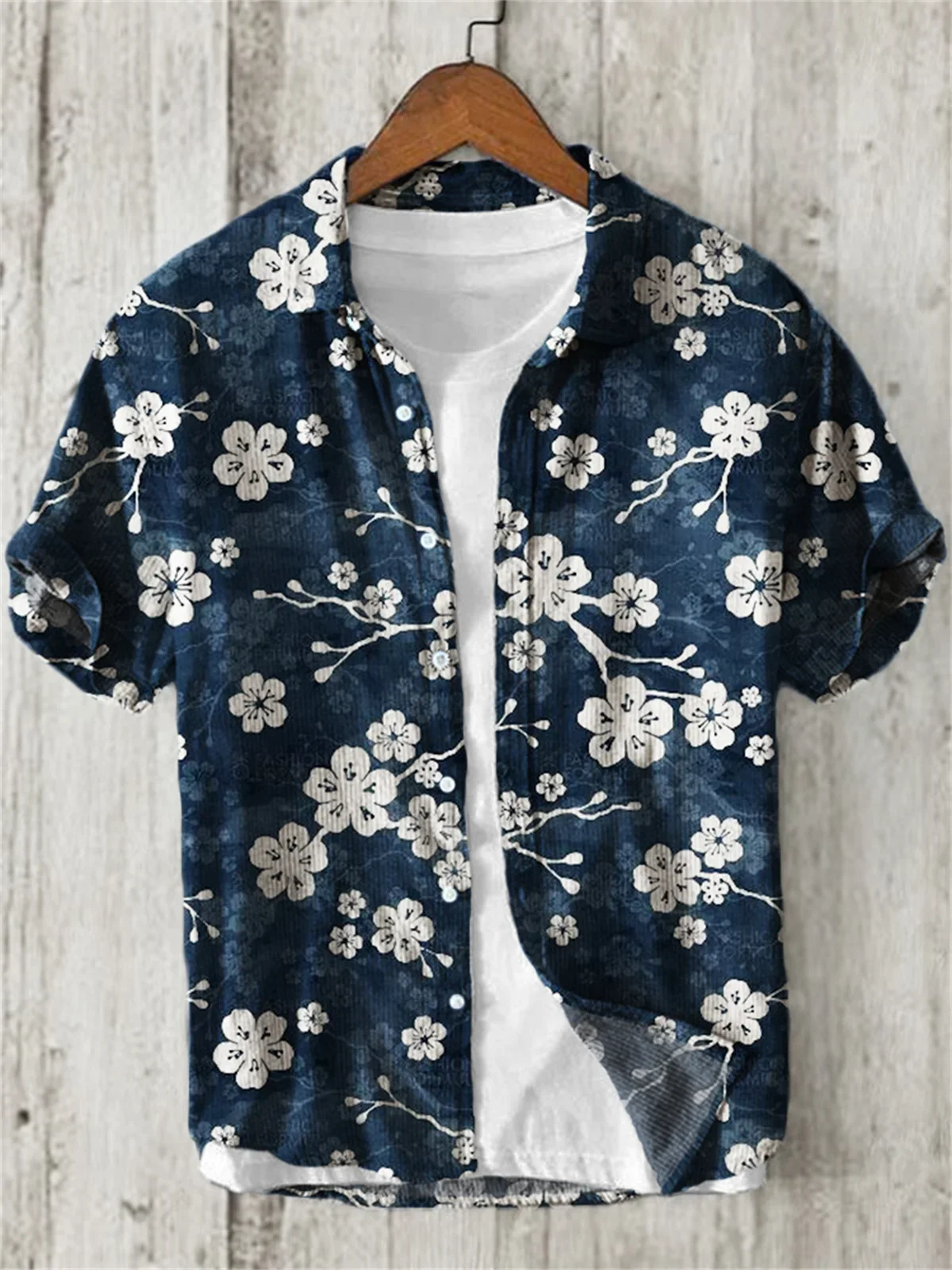 Camisa estampada de lino y algodón, camisa hawaiana de manga corta con solapa y botonadura única, arte Retro de flor de cerezo, vacaciones