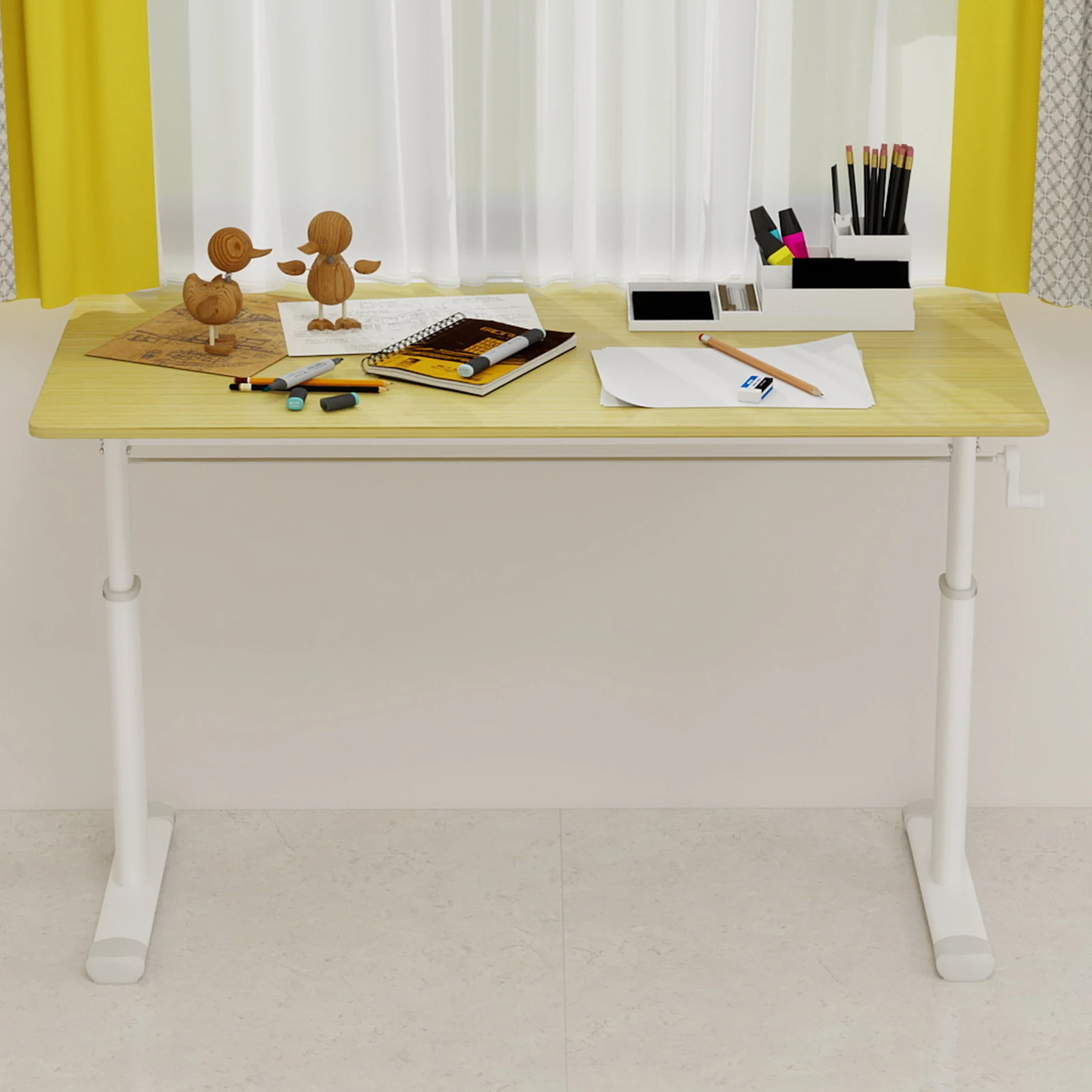 Hand Crank Standing Desk, Adjustable Height Computer Desk, Small Home Office Desk with Stable Double Column, White & Natural Wood