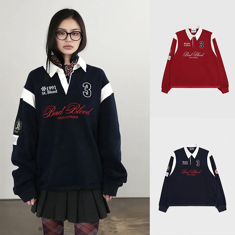 Retro American Long Sleeve  Neck Sweatshirt Women's Rugby Sport Top Red Trendy Spring Outfit Loose Fit Comfortable
