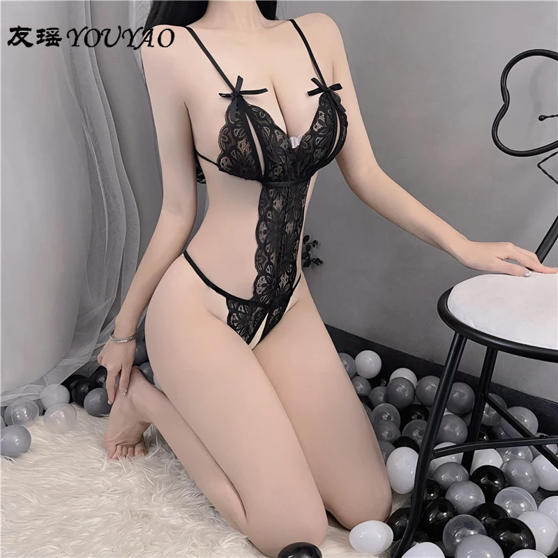 Women\'s Sexy Lingerie Set Lace Tights Fishnet Underwear See-Through Floral Pajamas One-Piece Bra Transparent