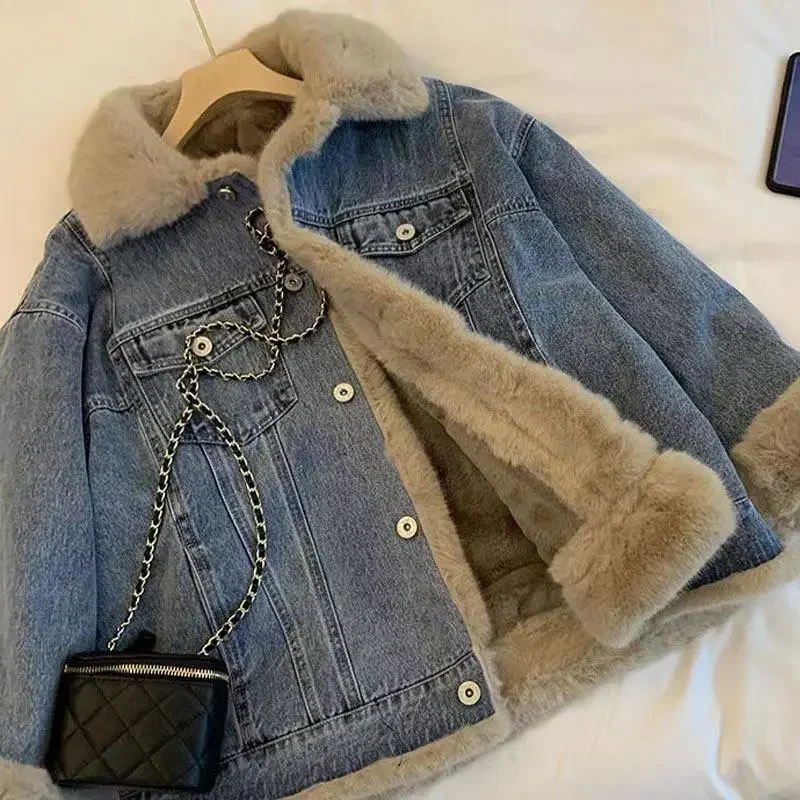 

Fried Street Denim Jacket Women Outwear Autumn Winter New Vintage Lamb Wool Casual Loose Bf plus velvet Thick Casual Jeans Parka