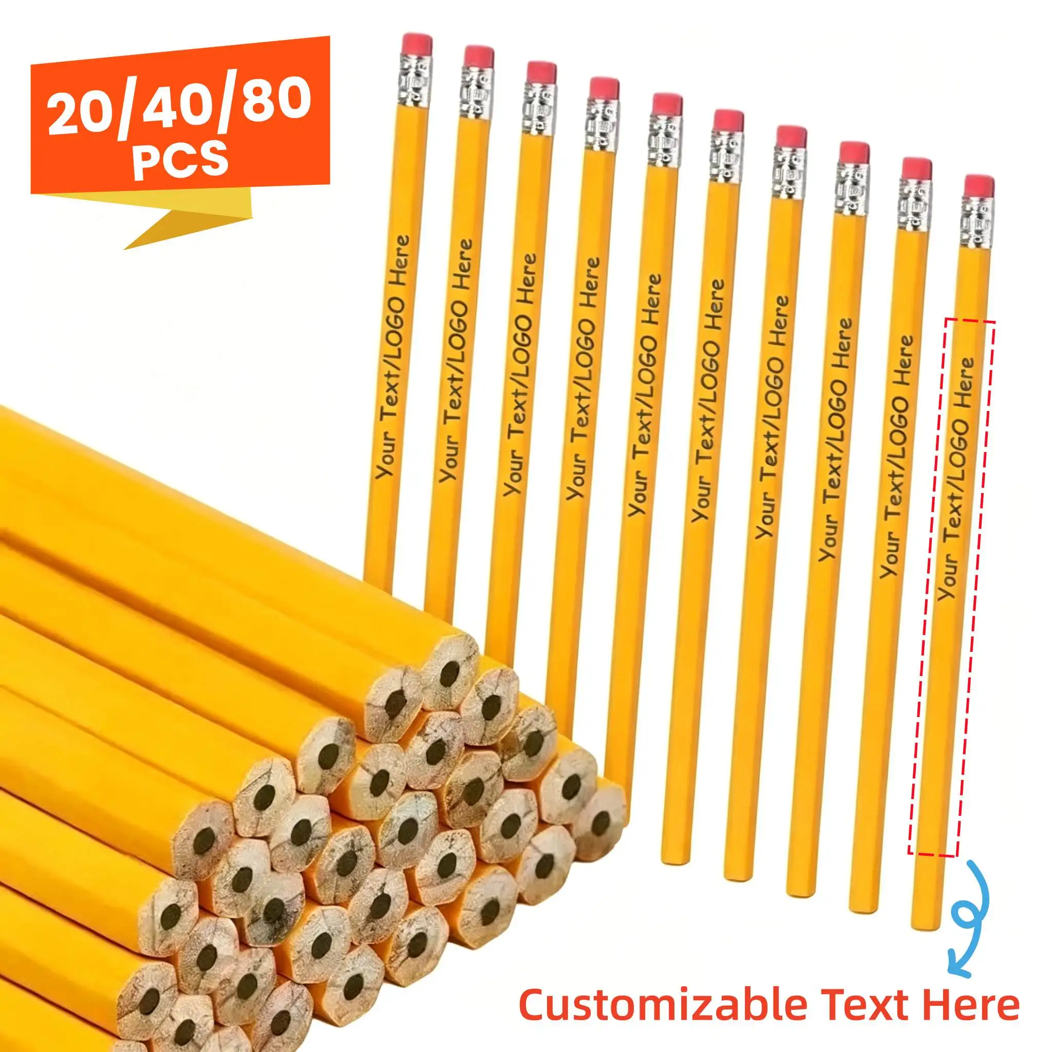 20/40/80PCS Customizable HB Wood Pencils with Top Eraser Personalized Engraved Custom Name Hexagonal Pencils for School Supplies