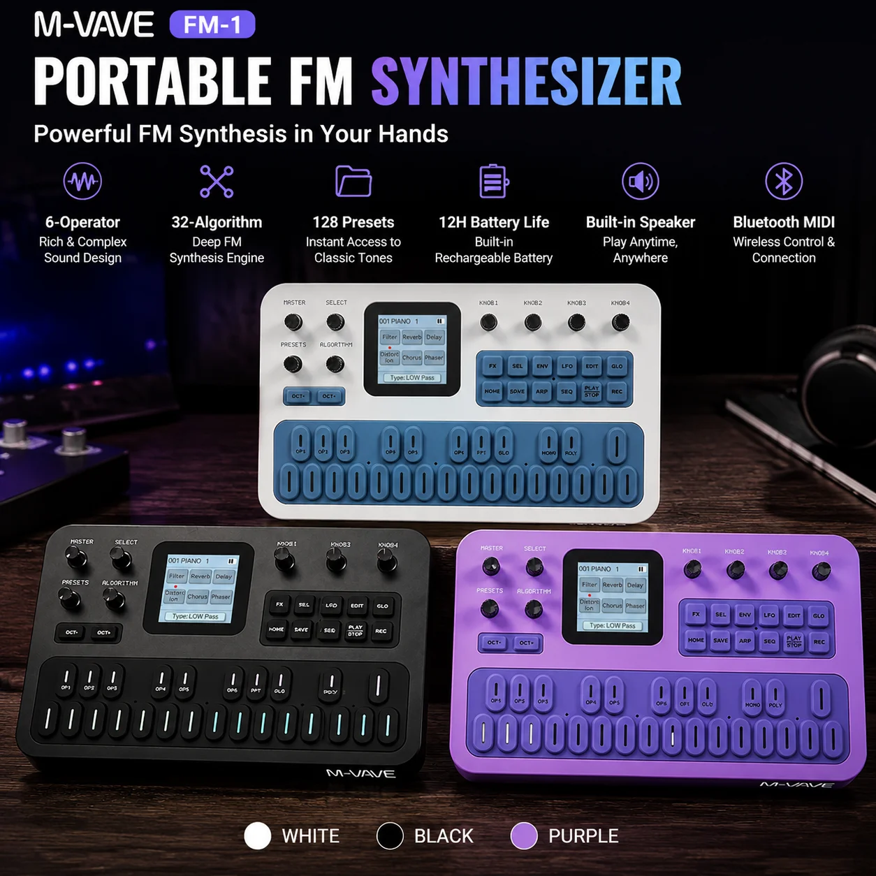 M-Vave FM-1 Portable FM Synthesizer 12H Battery 6-Operator 32-Algorithm 128 Presets 27-Key Built-in Speaker Bluetooth MIDI