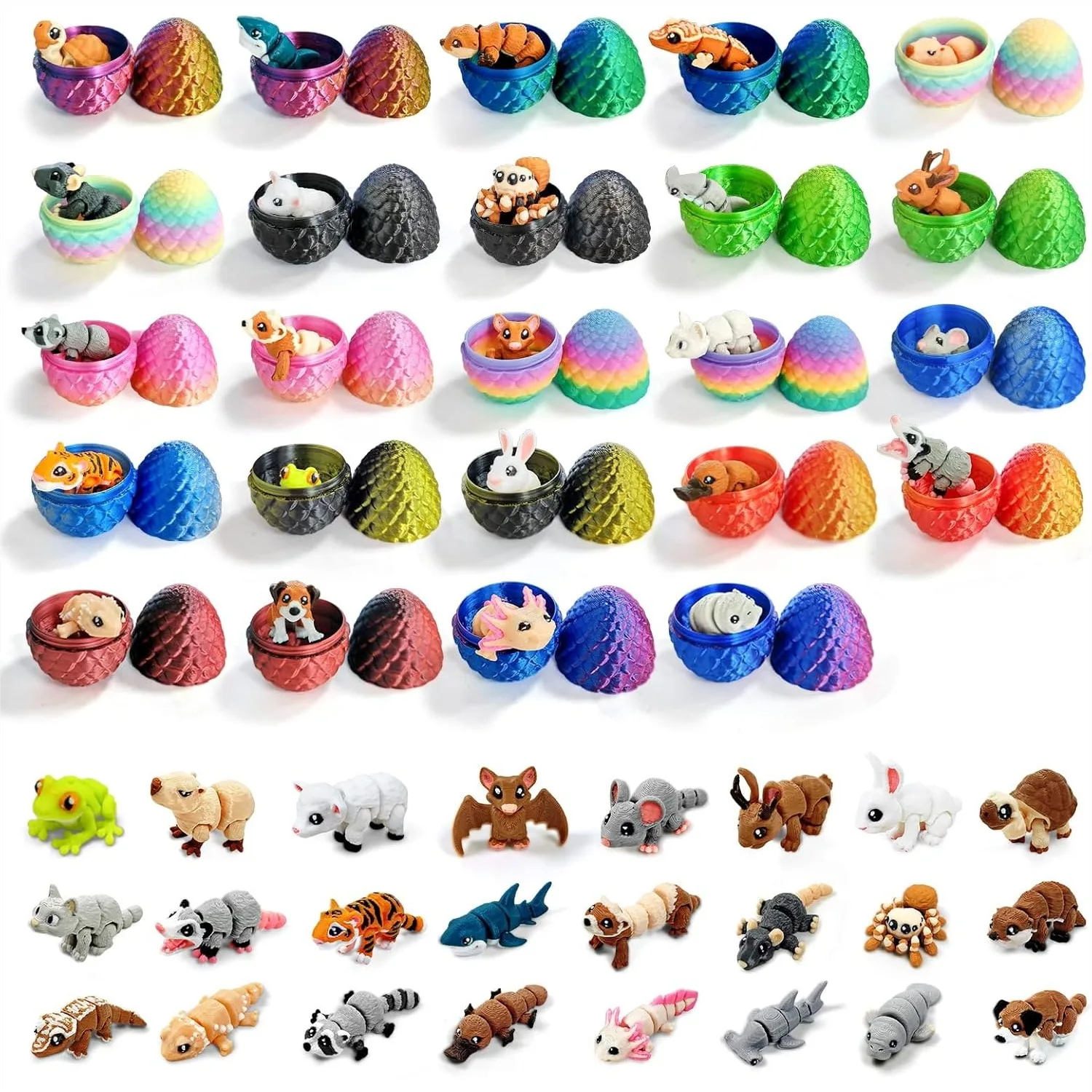 

24 Pcs Mini 3D Printed Animals in Sparkle Eggs, 1.5-2 Inch Articulated Figurines with Movable Limbs, Multicolor Gradient Easter