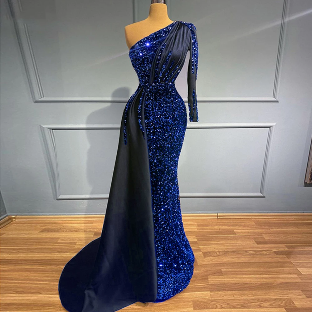 EOENKKY Glitter Evening Dresses 2022 Sequin One Shoulder Mermaid Evening Gowns Long Elegant Birthday Party Dress Robe De Soiree