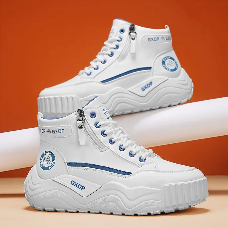 Height-increasing Non Slip Shoes Men's High Top White Leather Sneakers Thick Soled Wear-resistant Versatile Casual Sports Shoes