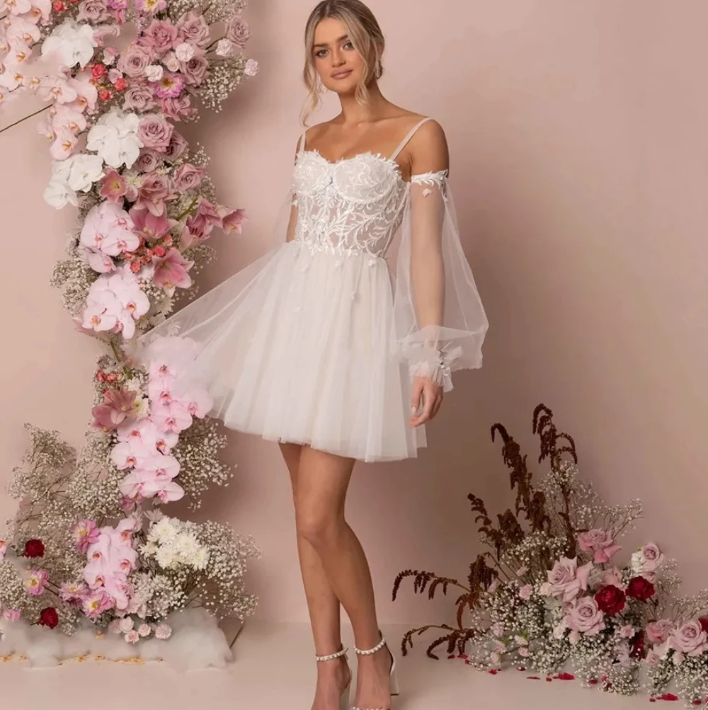 Gaun pernikahan pendek seksi gaun pengantin Mini A-line Tulle Robe De Mariee Backless resepsi gaun pengantin lengan lepas pasang Vestido De Noiva