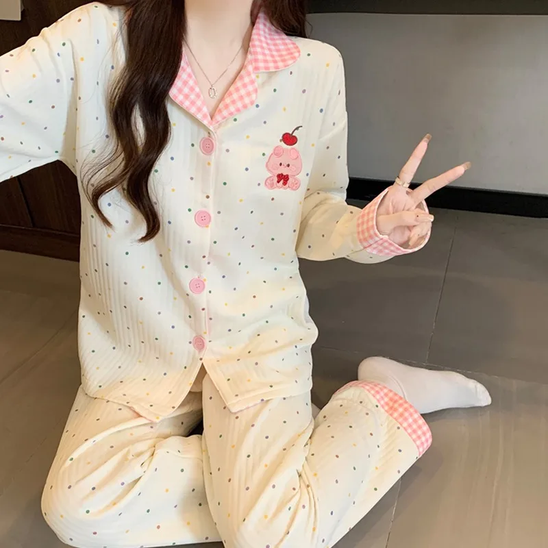 2 قطعة/المجموعة النساء أزياء طويلة الأكمام منامة الخريف والشتاء نقطة التطريز خنزير لطيف لينة عارضة ملابس خاصة مجموعة خارج المنزل #3