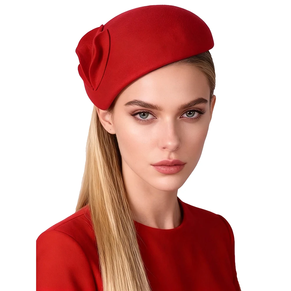 Czerwono-zielony wełniany kapelusz typu pillbox w stylu vintage, elegancki kapelusz kościelny dla kobiet, fascynator na przyjęcie herbaciane, beret, czapka, chapeau femme 2026 — zdjęcie 4